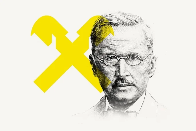Friedrich Wilhelm Raiffeisen Foto mit Raiffeisen-Logo im Hintergrund.